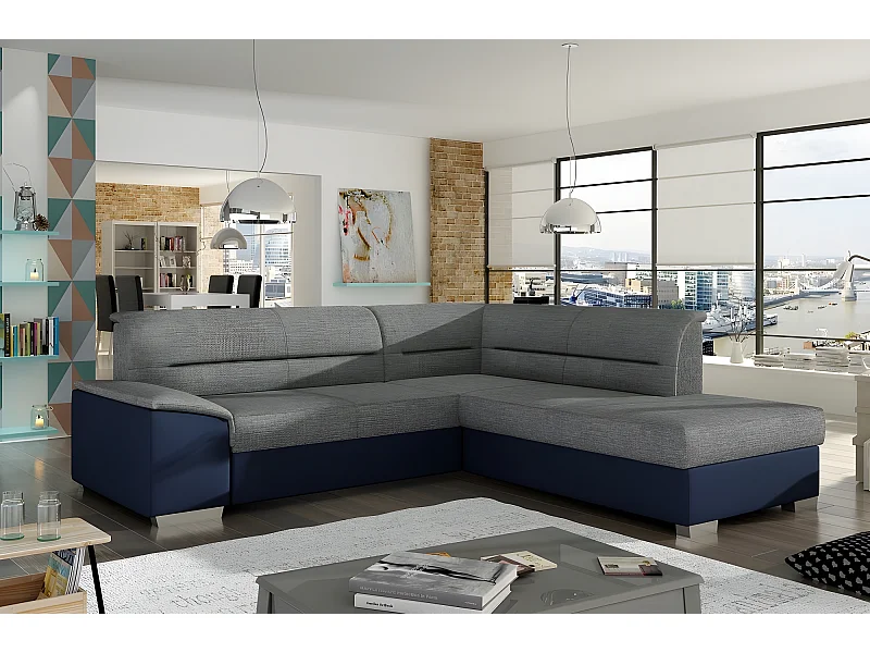 Canapé d'angle convertible en tissu luxe gris et simili cuir bleu, 5 places, avec coffre, angle droit (vu de face), VERTU MIX