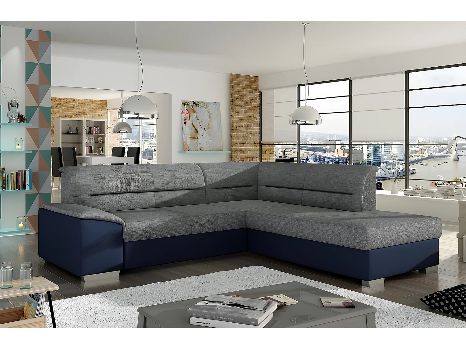 Canapé d'angle convertible en tissu luxe gris et simili cuir bleu, 5 places, avec coffre, angle droit (vu de face), VERTU MIX