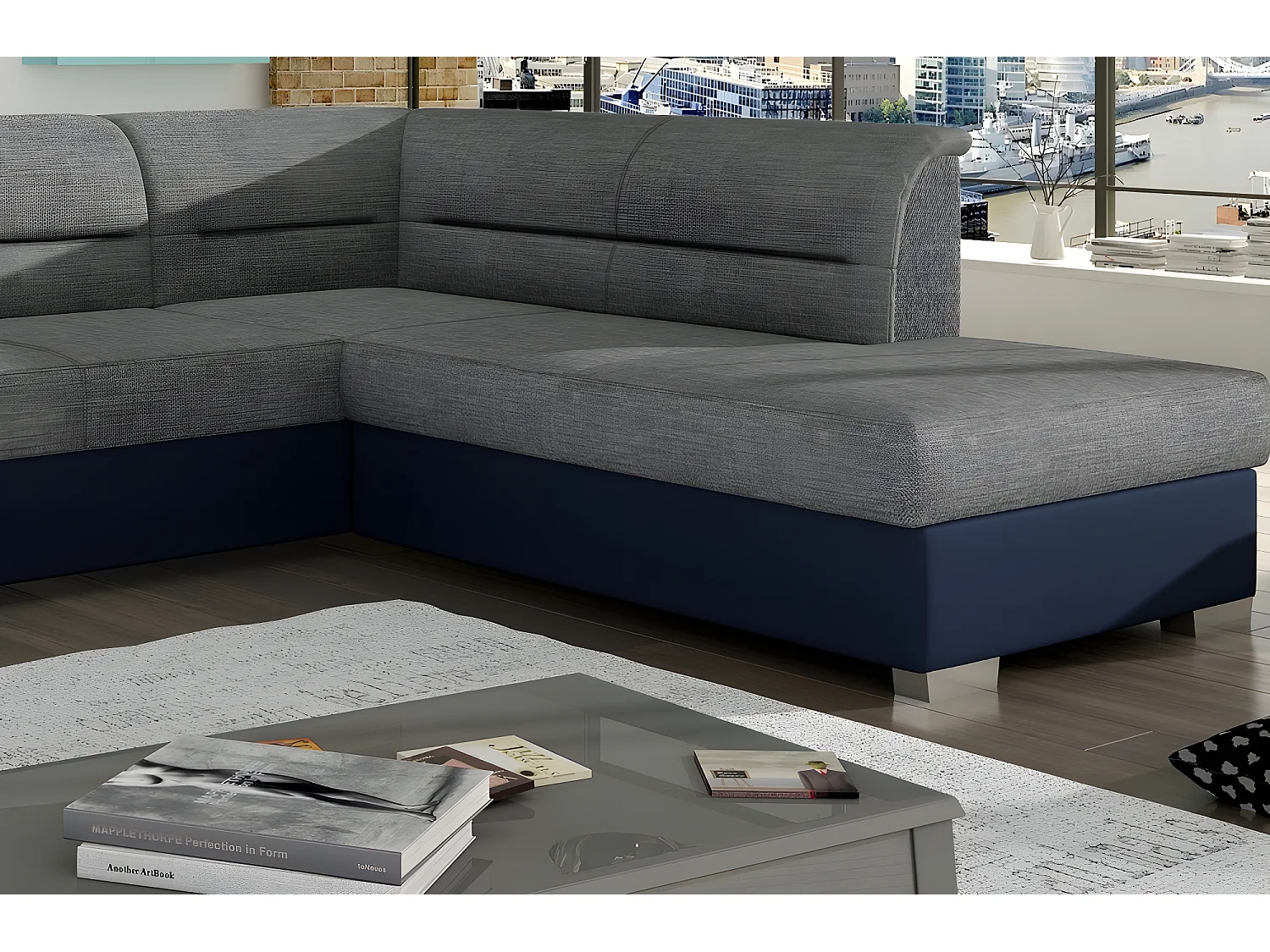 Canapé d'angle convertible en tissu luxe gris et simili cuir bleu, 5 places, avec coffre, angle droit (vu de face), VERTU MIX