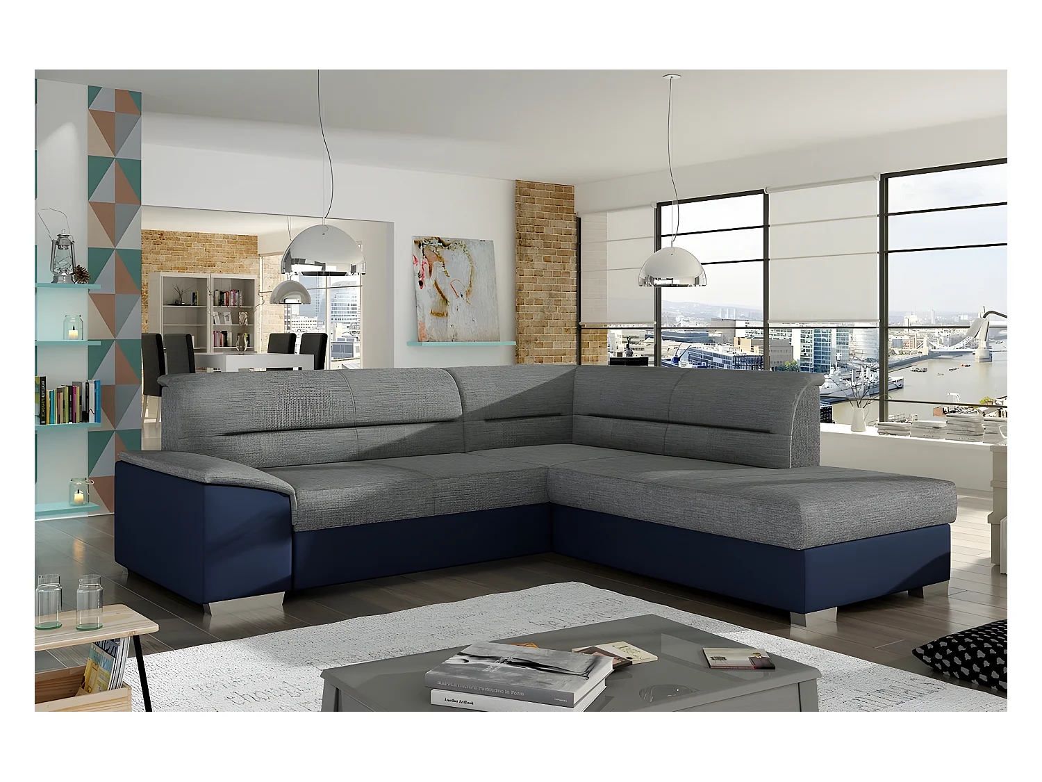 Canapé d'angle convertible en tissu luxe gris et simili cuir bleu, 5 places, avec coffre, angle droit (vu de face), VERTU MIX