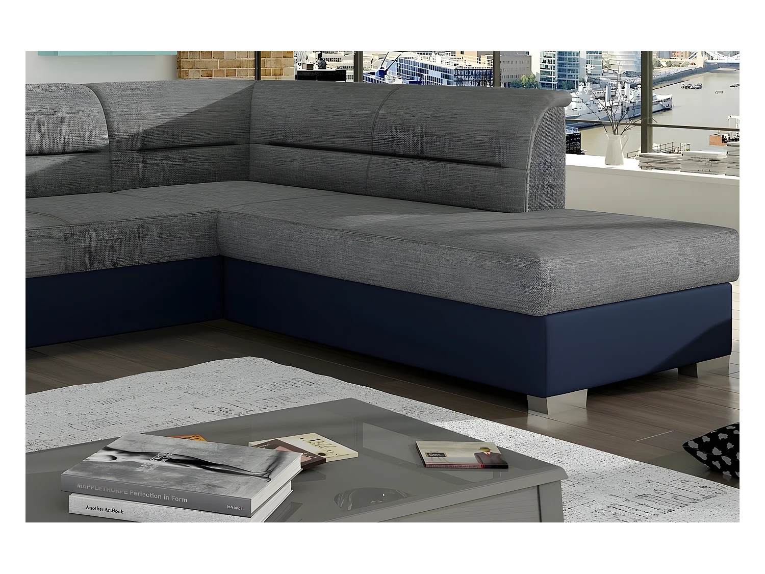 Canapé d'angle convertible en tissu luxe gris et simili cuir bleu, 5 places, avec coffre, angle droit (vu de face), VERTU MIX