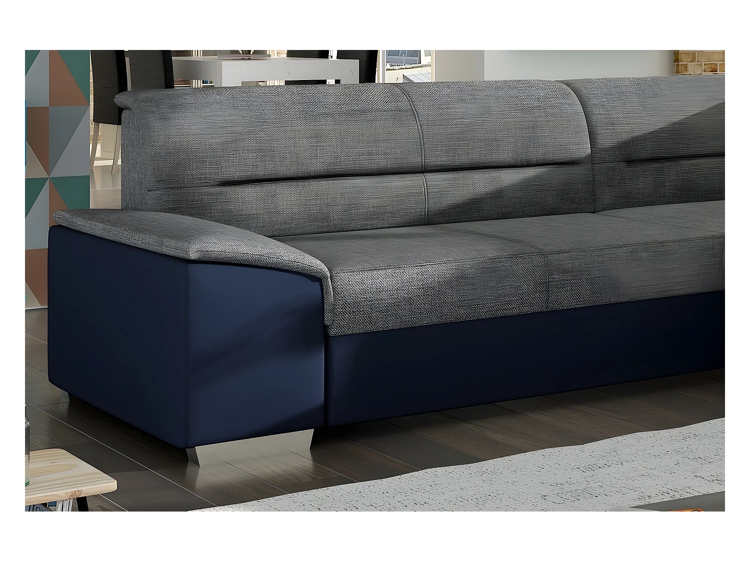 Canapé d'angle convertible en tissu luxe gris et simili cuir bleu, 5 places, avec coffre, angle droit (vu de face), VERTU MIX
