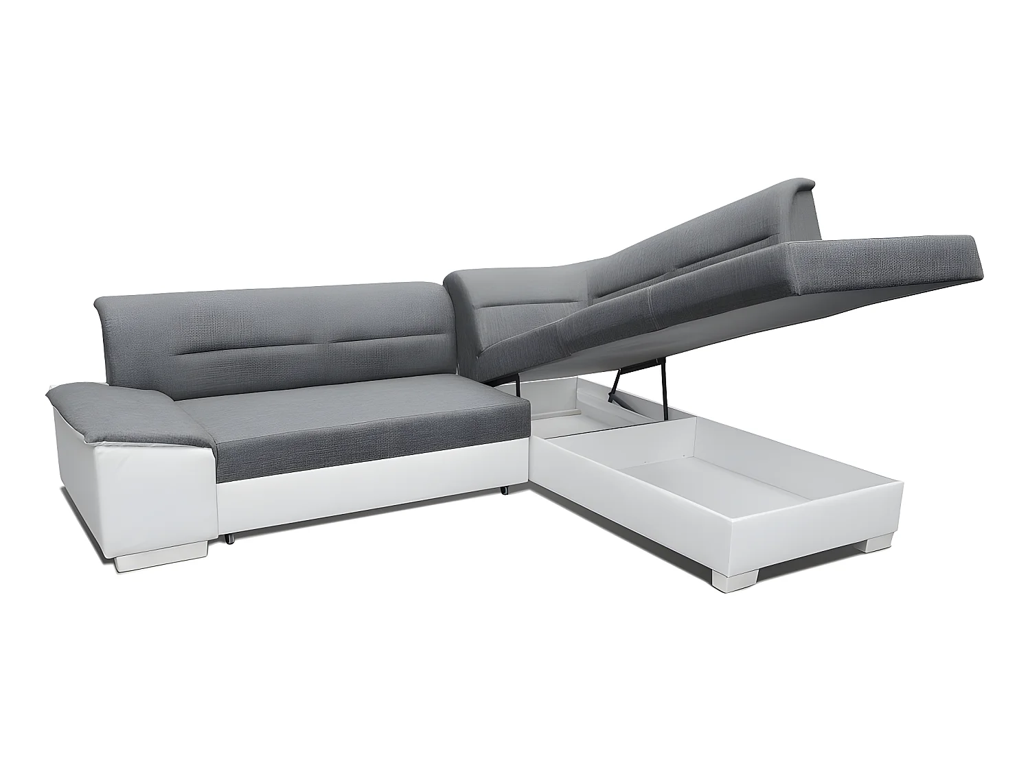 Canapé d'angle convertible en tissu luxe gris et simili cuir bleu, 5 places, avec coffre, angle droit (vu de face), VERTU MIX