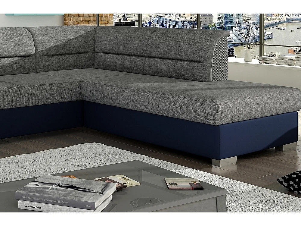 Hoekslaapbank van luxe grijze stof en blauw kunstleer met opbergruimte en handig conversiesysteem, VERTU MIX
