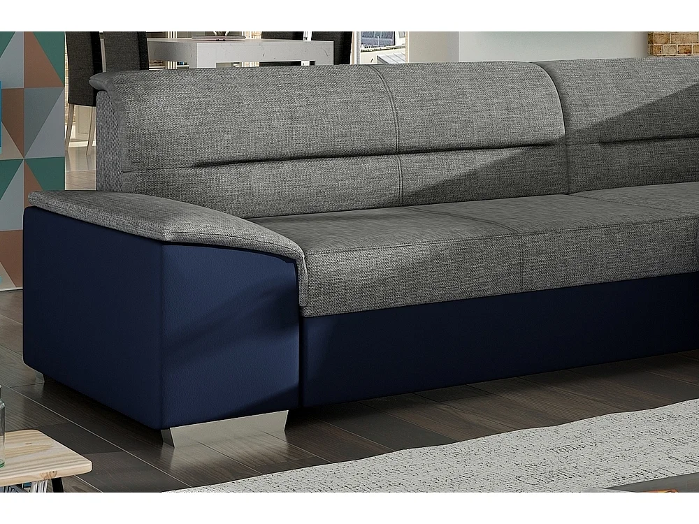 Hoekslaapbank van luxe grijze stof en blauw kunstleer met opbergruimte en handig conversiesysteem, VERTU MIX