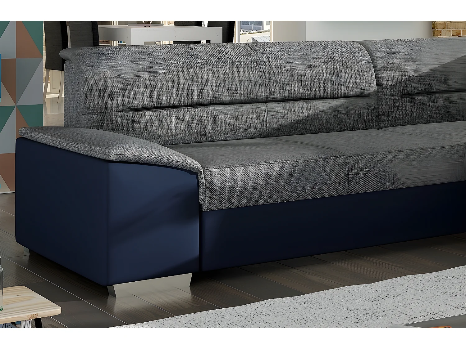 Canapé d'angle convertible en tissu luxe gris et simili cuir bleu, 5 places, avec coffre, angle droit (vu de face), VERTU MIX