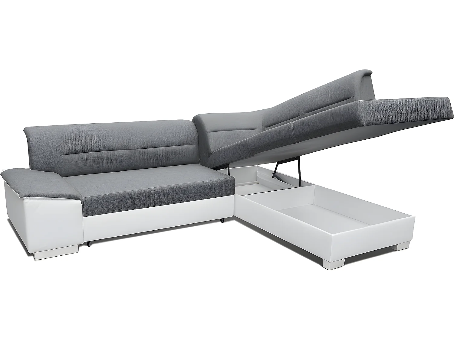 Canapé d'angle convertible en tissu luxe gris et simili cuir bleu, 5 places, avec coffre, angle droit (vu de face), VERTU MIX