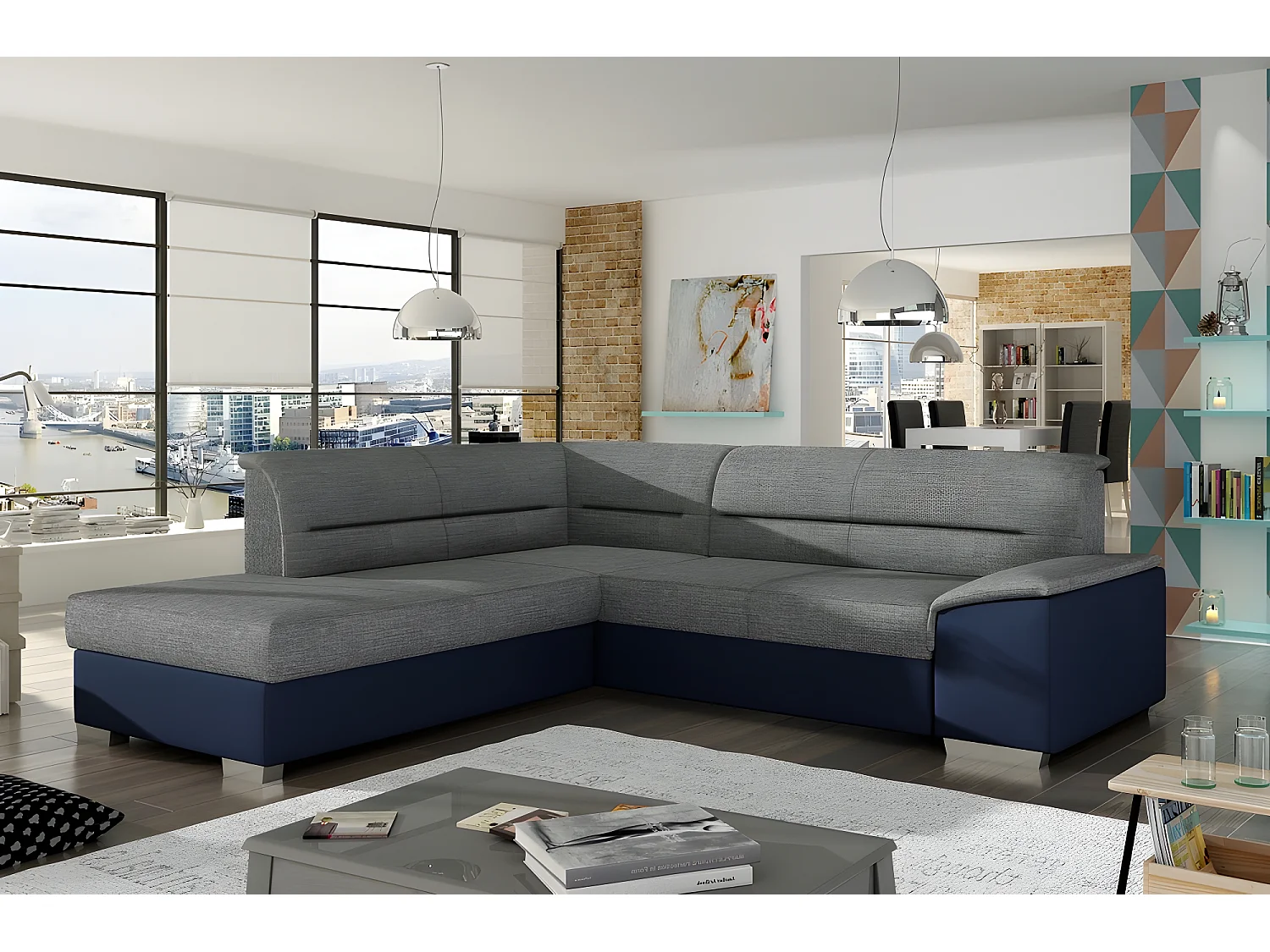 Canapé d'angle convertible en tissu luxe gris et simili cuir bleu, 5 places, avec coffre, angle gauche (vu de face), VERTU MIX