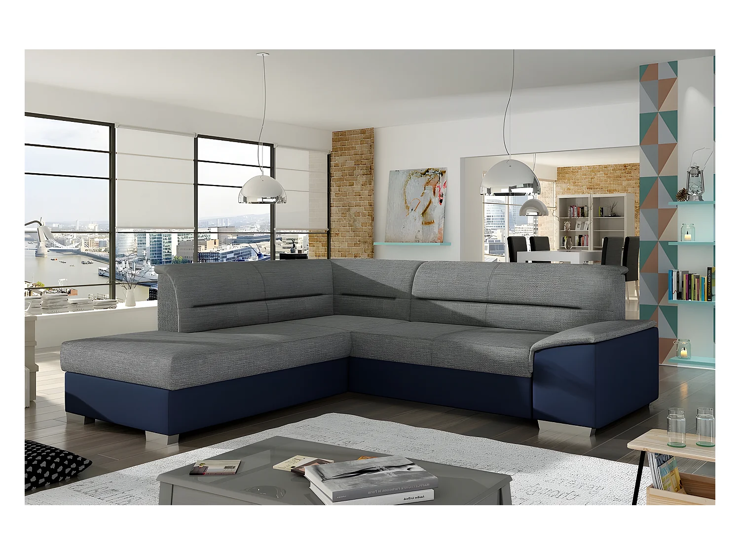 Canapé d'angle convertible en tissu luxe gris et simili cuir bleu, 5 places, avec coffre, angle gauche (vu de face), VERTU MIX