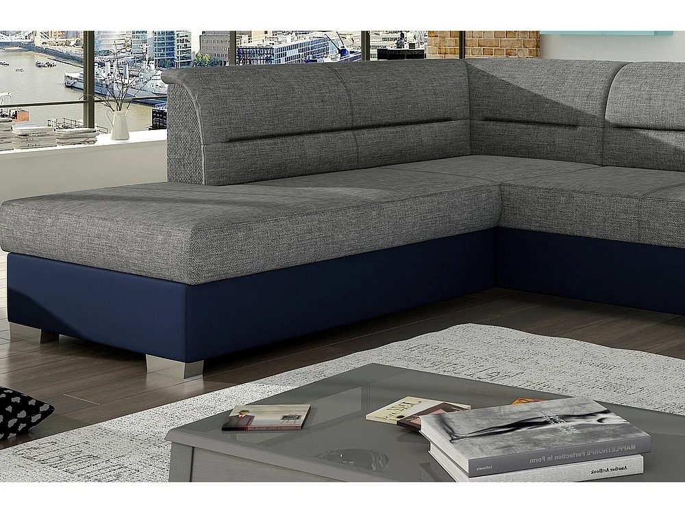 Hoekbank van luxe grijze stof en blauw kunstleer met opbergruimte, 5 zitplaatsen, strak en elegant ontwerp, VERTU MIX