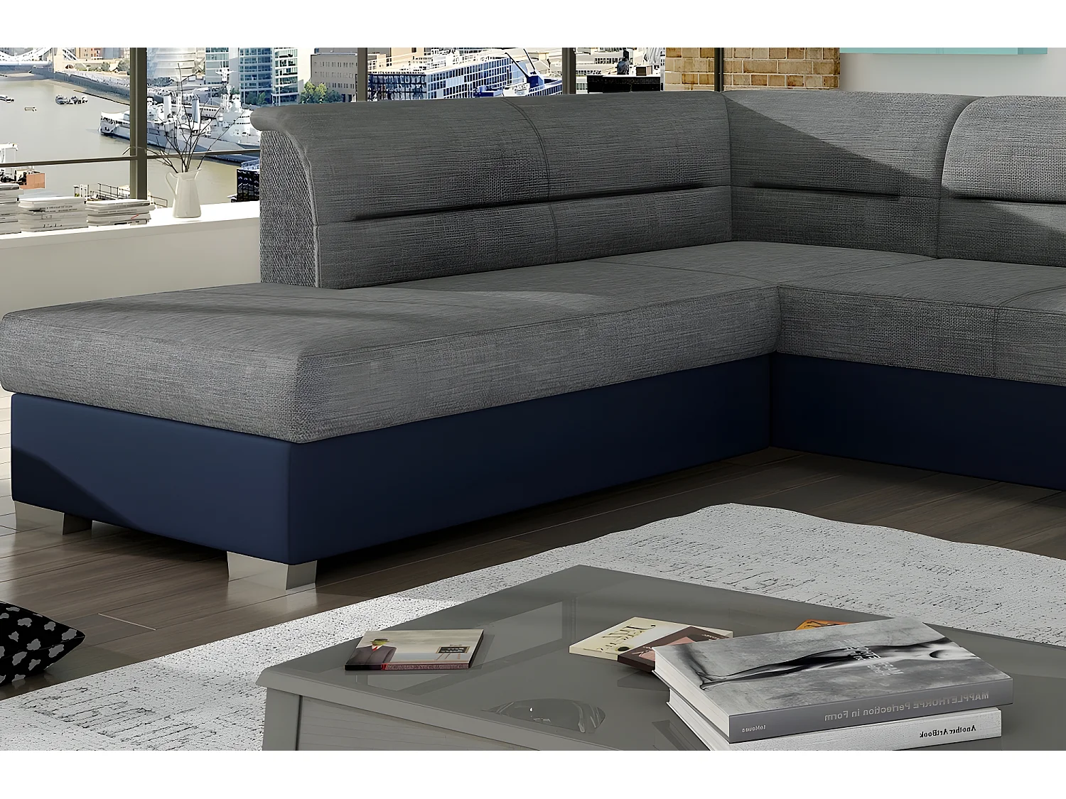 Canapé d'angle convertible en tissu luxe gris et simili cuir bleu, 5 places, avec coffre, angle gauche (vu de face), VERTU MIX