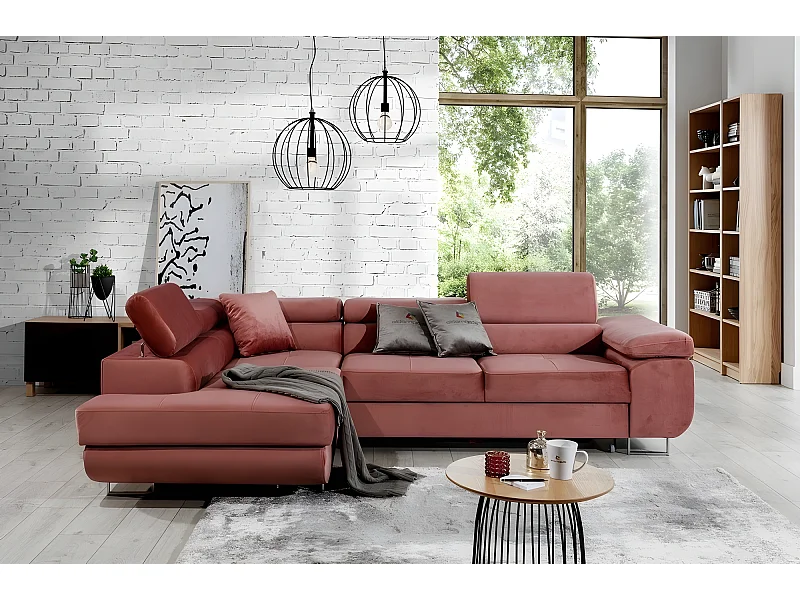 Canapé d'angle convertible en tissu luxe 5 places, avec coffre, rose pale, angle gauche (vu de face), ANNECY VELOURS