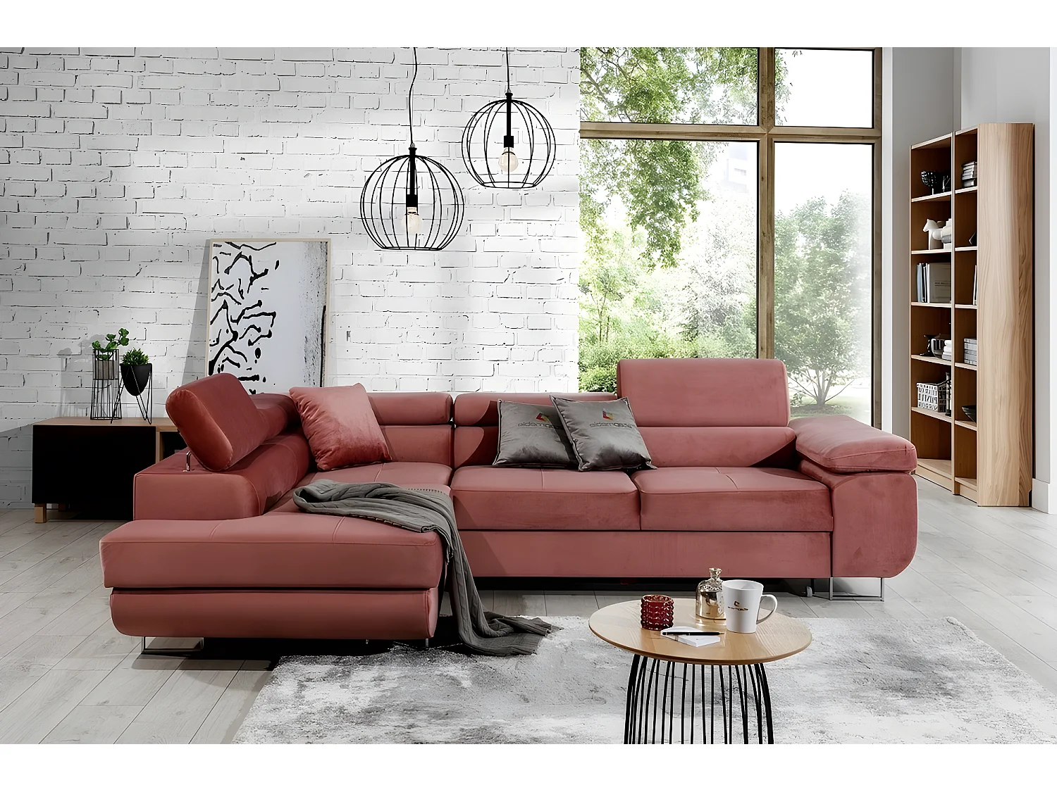 Canapé d'angle convertible en tissu luxe 5 places, avec coffre, rose pale, angle gauche (vu de face), ANNECY VELOURS