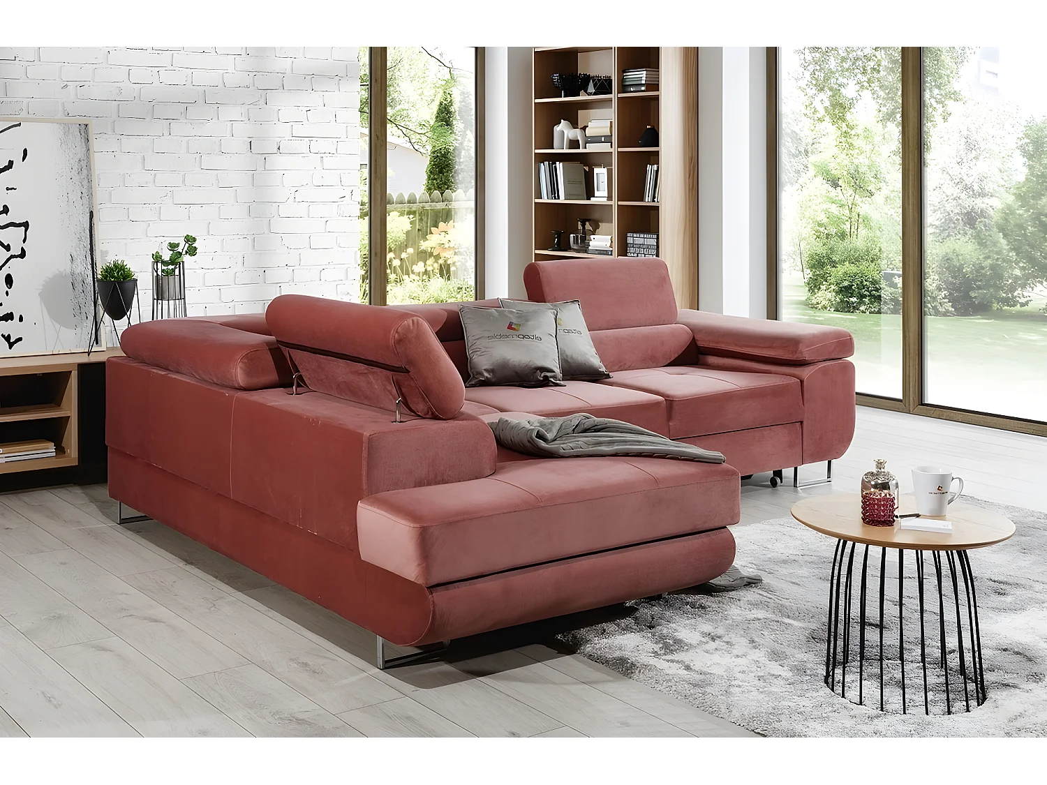 Canapé d'angle convertible en tissu luxe 5 places, avec coffre, rose pale, angle gauche (vu de face), ANNECY VELOURS