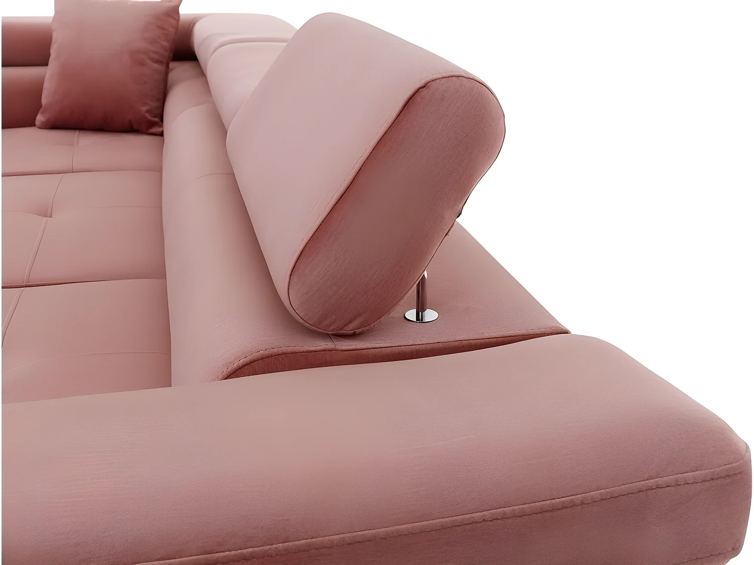 Canapé d'angle convertible en tissu luxe 5 places, avec coffre, rose pale, angle gauche (vu de face), ANNECY VELOURS