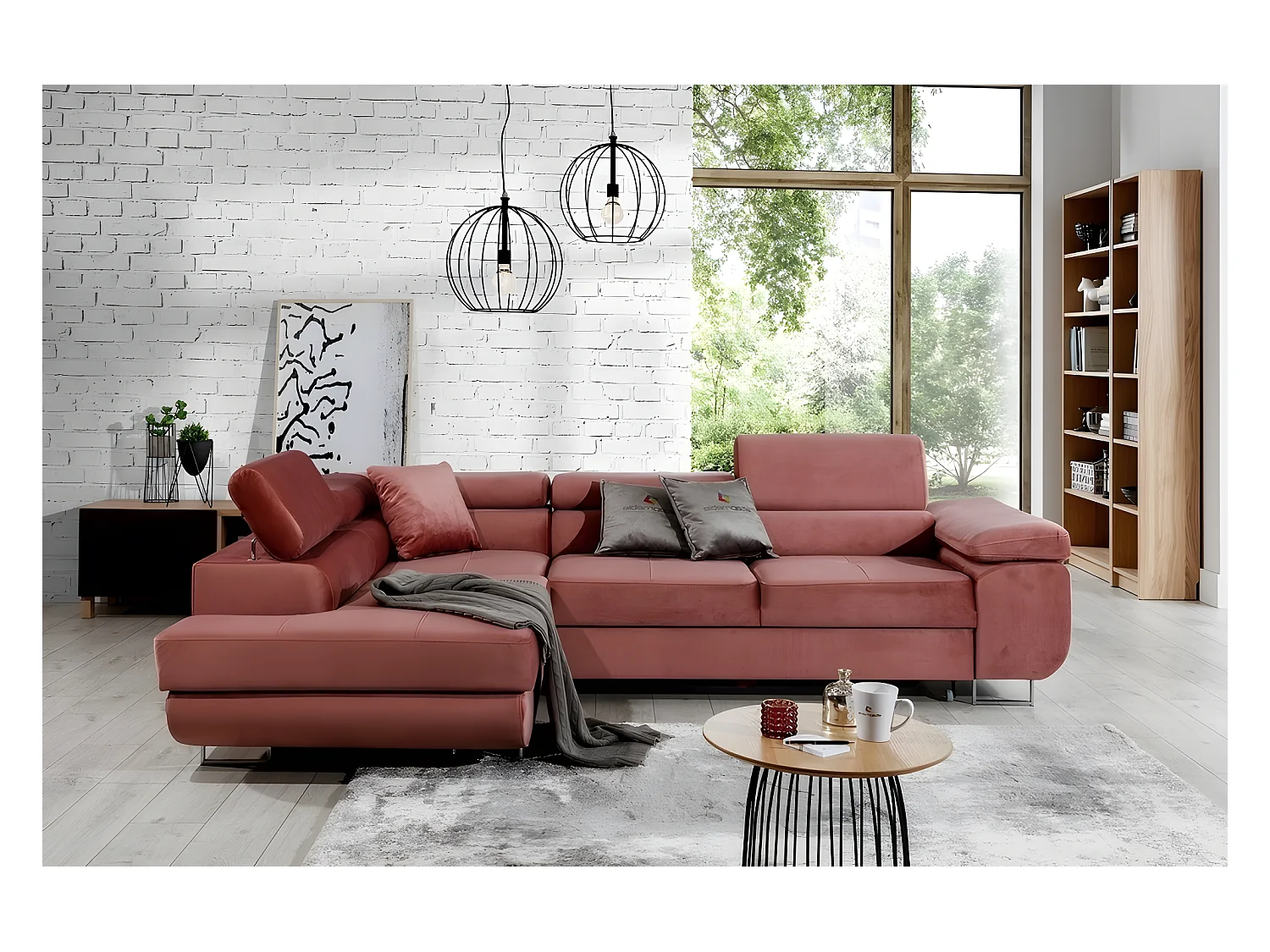 Canapé d'angle convertible en tissu luxe 5 places, avec coffre, rose pale, angle gauche (vu de face), ANNECY VELOURS
