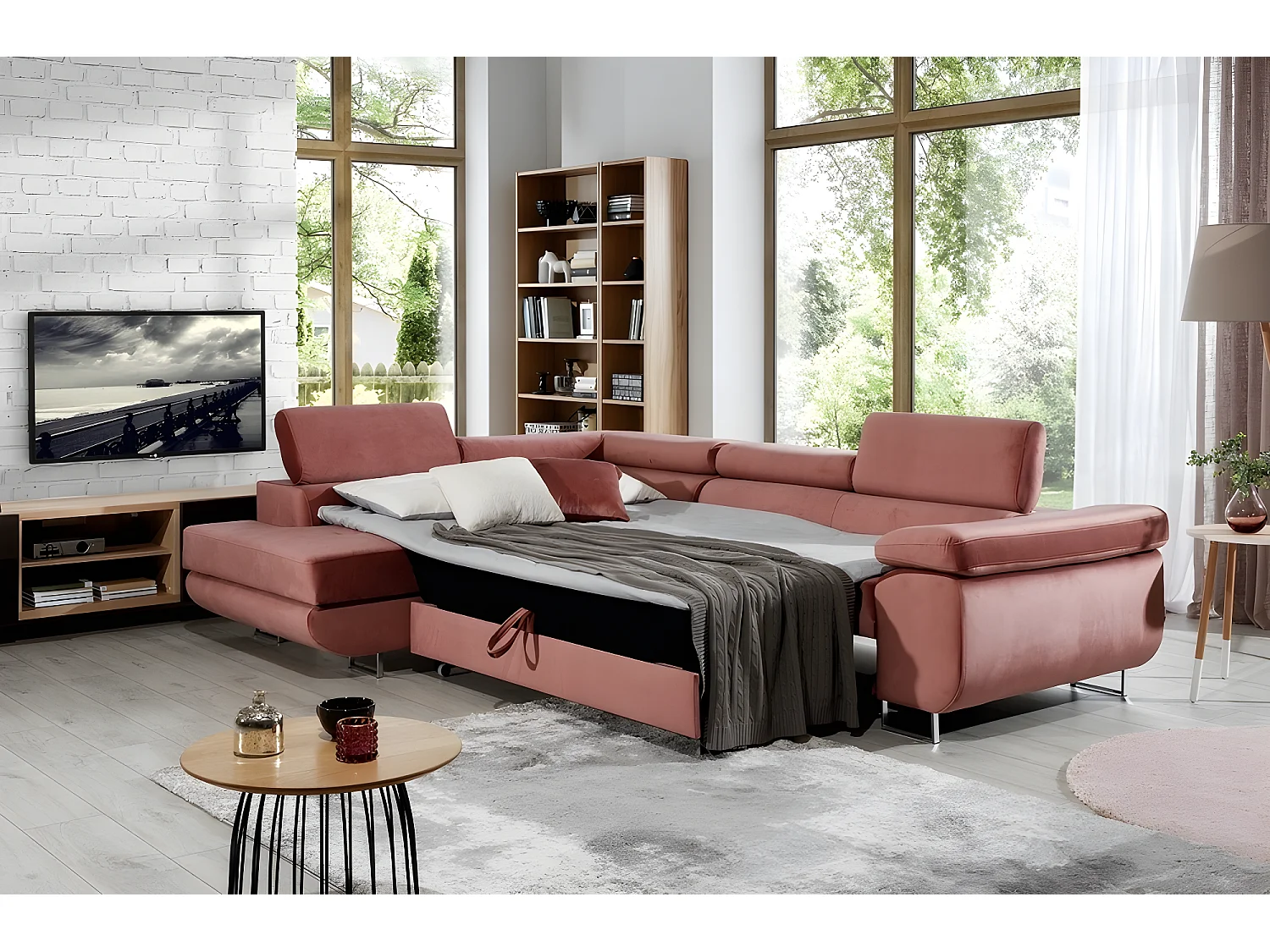 Canapé d'angle convertible en tissu luxe 5 places, avec coffre, rose pale, angle gauche (vu de face), ANNECY VELOURS