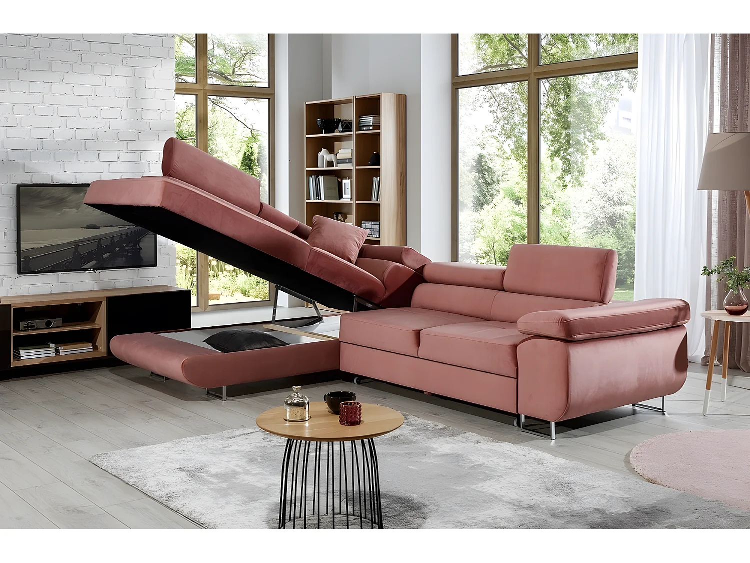 Canapé d'angle convertible en tissu luxe 5 places, avec coffre, rose pale, angle gauche (vu de face), ANNECY VELOURS