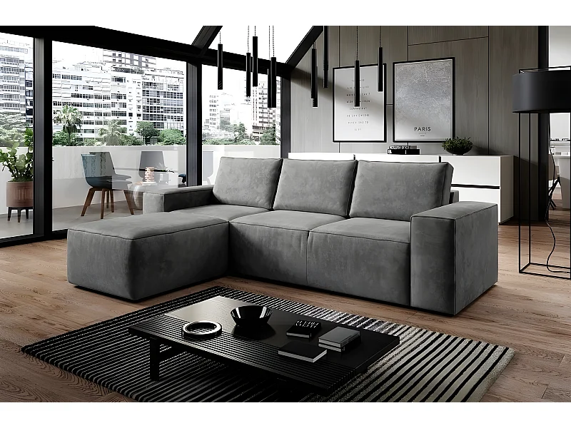 Canapé d'angle convertible - SIDNEY VELOURS - en tissu Luxe - 5/6 places, gris foncé, angle gauche (vu de face)