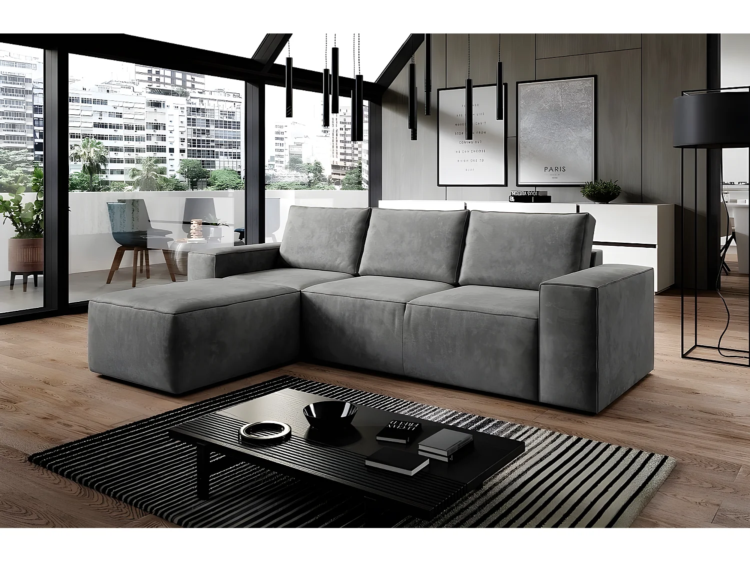 Canapé d'angle convertible - SIDNEY VELOURS - en tissu Luxe - 5/6 places, gris foncé, angle gauche (vu de face)