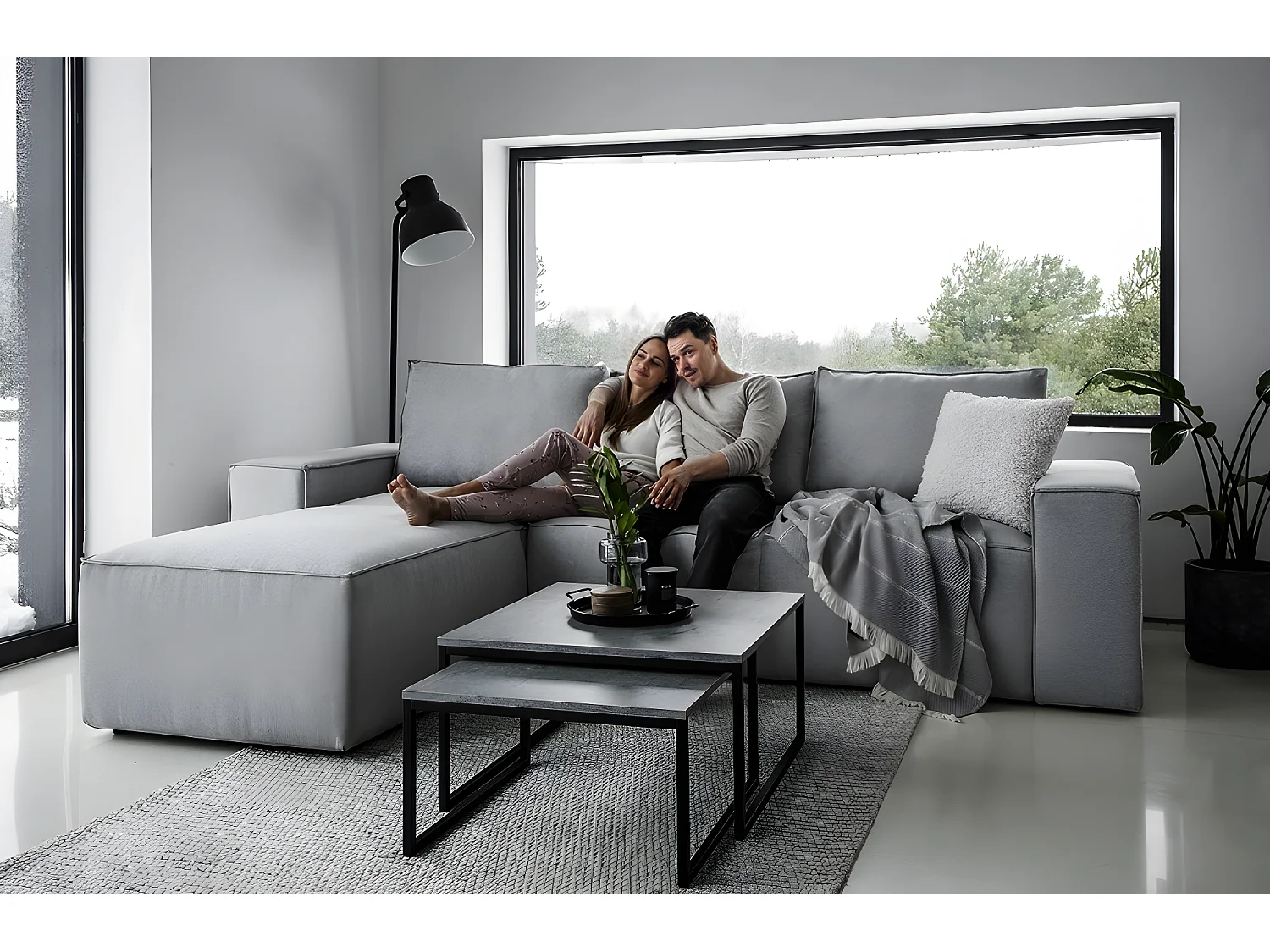 Canapé d'angle convertible - SIDNEY VELOURS - en tissu Luxe - 5/6 places, gris foncé, angle gauche (vu de face)