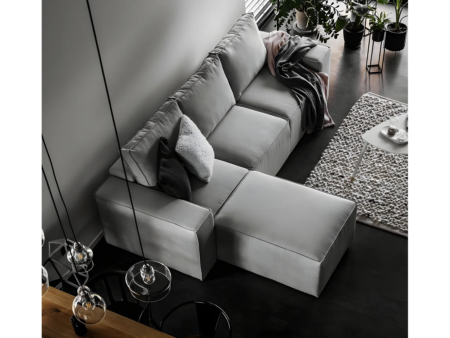 Canapé d'angle convertible - SIDNEY VELOURS - en tissu Luxe - 5/6 places, gris foncé, angle gauche (vu de face)