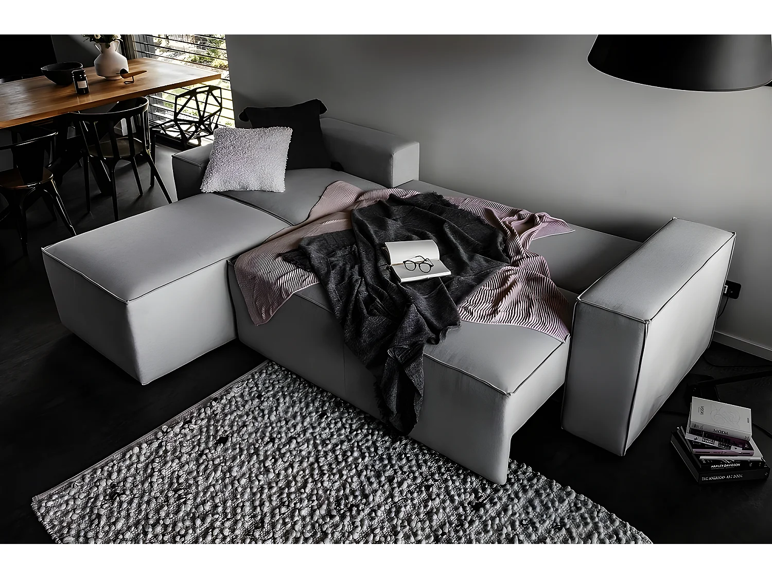 Canapé d'angle convertible - SIDNEY VELOURS - en tissu Luxe - 5/6 places, gris foncé, angle gauche (vu de face)