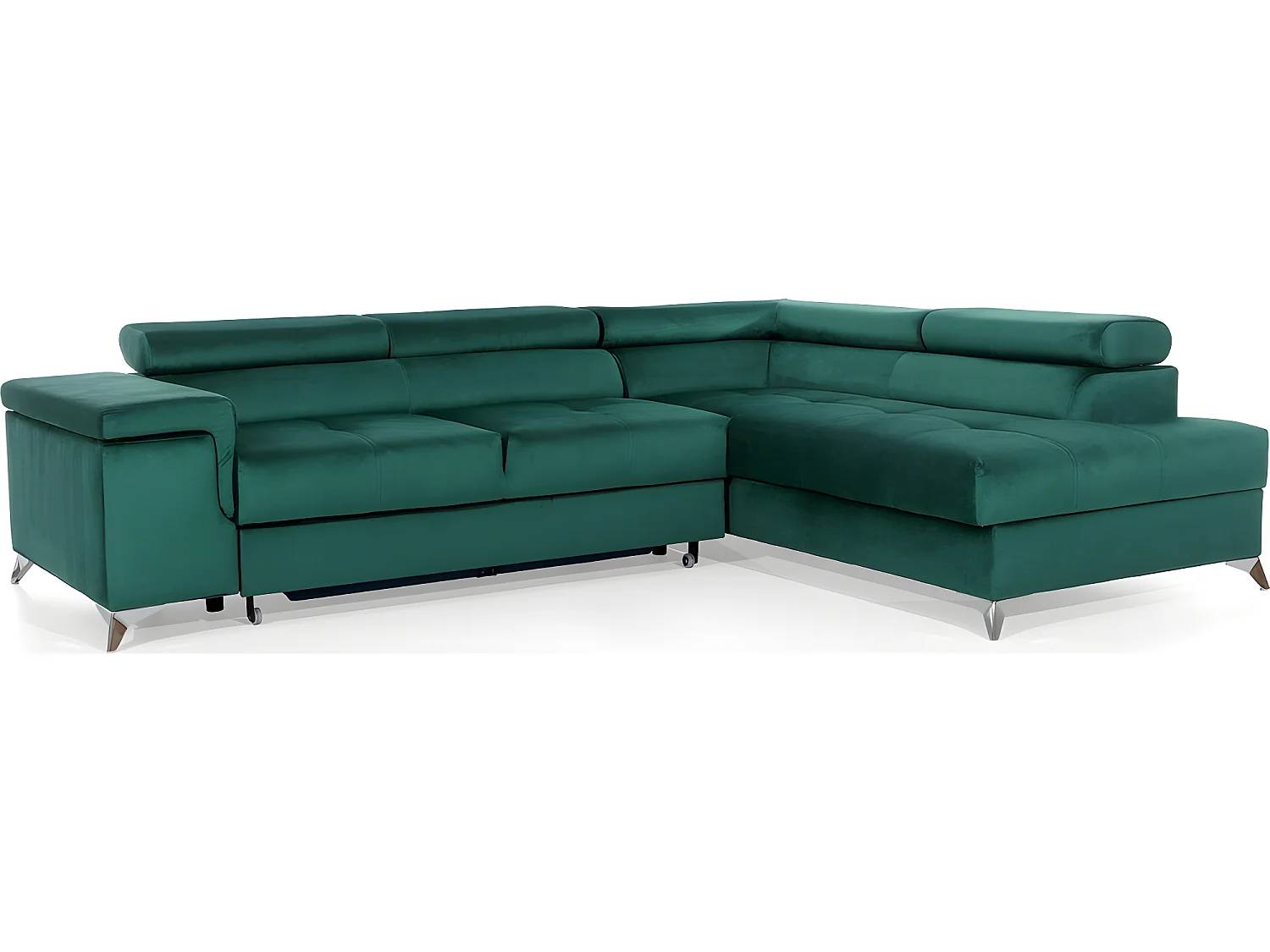 Canapé d'angle convertible - ERWAN - en tissu luxe 5 places, vert, angle droit (vu de face)