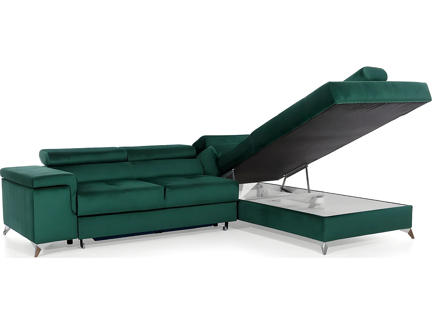 Canapé d'angle convertible - ERWAN - en tissu luxe 5 places, vert, angle droit (vu de face)