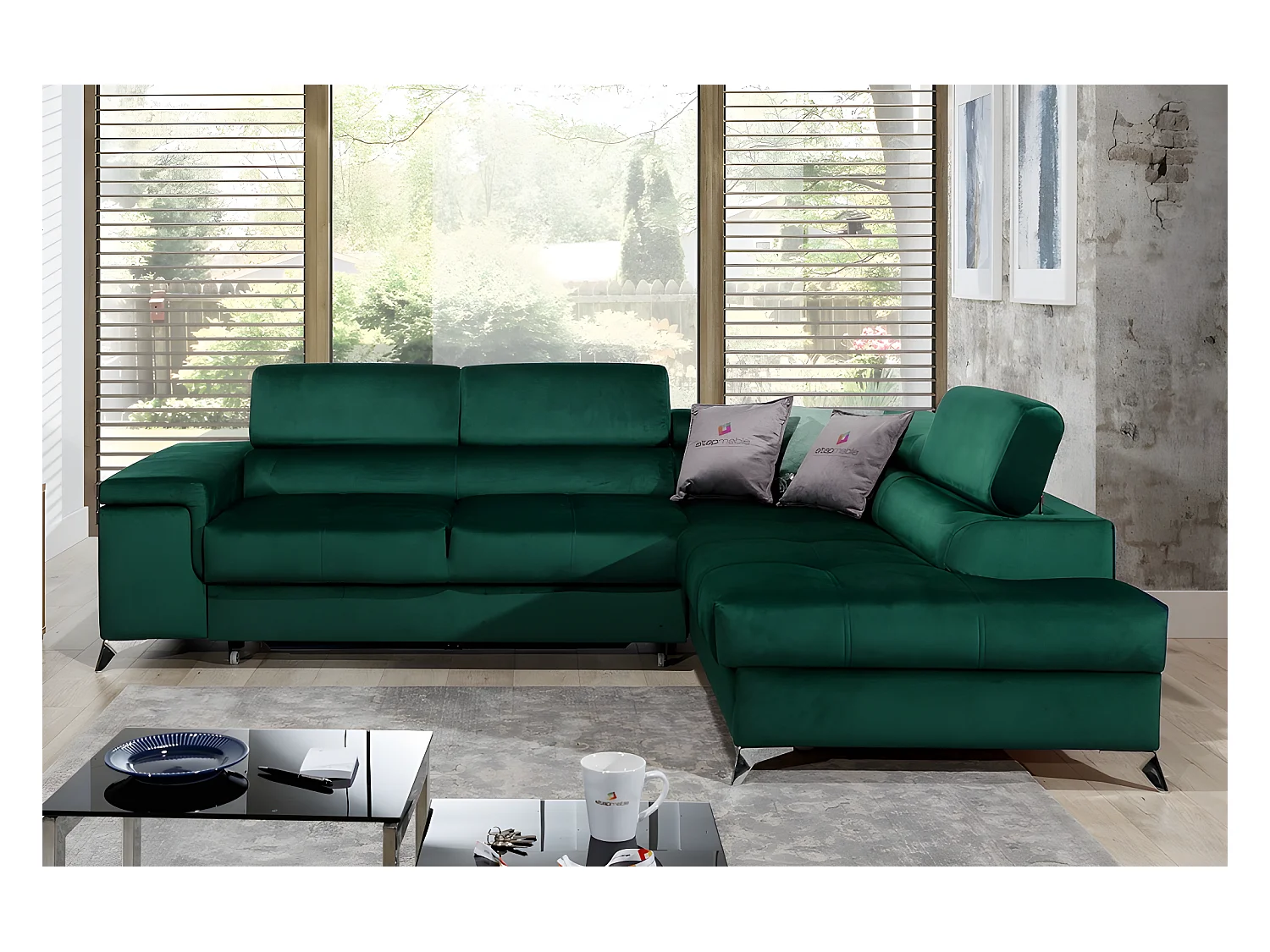 Canapé d'angle convertible - ERWAN - en tissu luxe 5 places, vert, angle droit (vu de face)