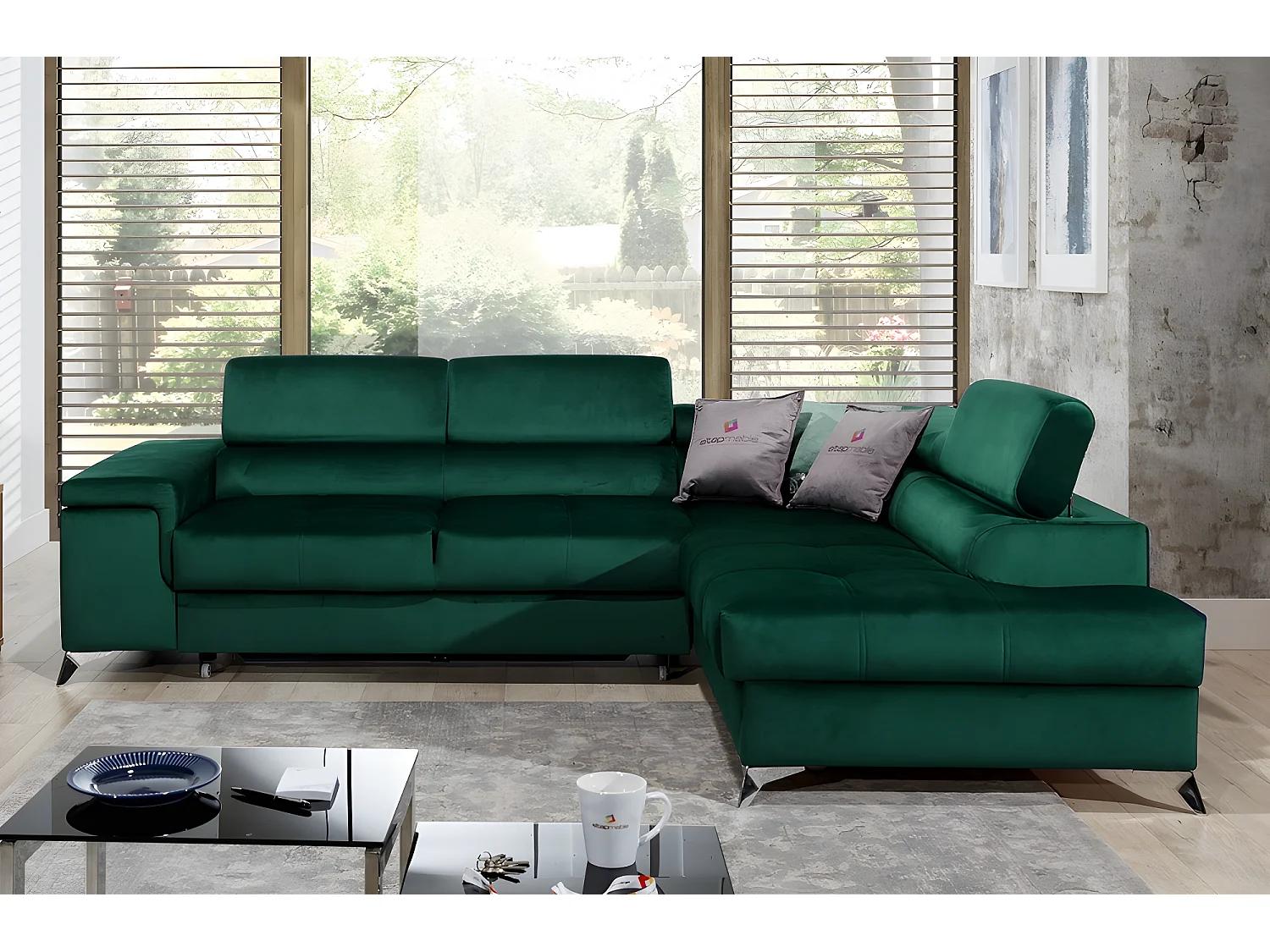 Canapé d'angle convertible - ERWAN - en tissu luxe 5 places, vert, angle droit (vu de face)