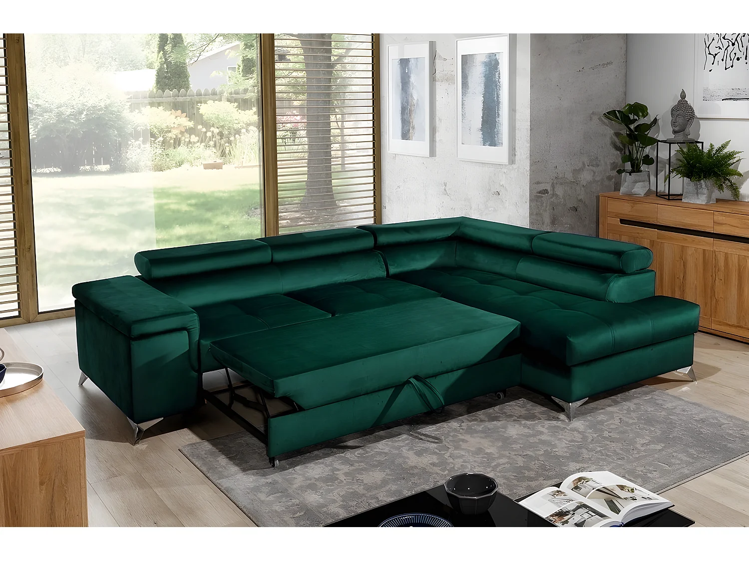 Canapé d'angle convertible - ERWAN - en tissu luxe 5 places, vert, angle droit (vu de face)