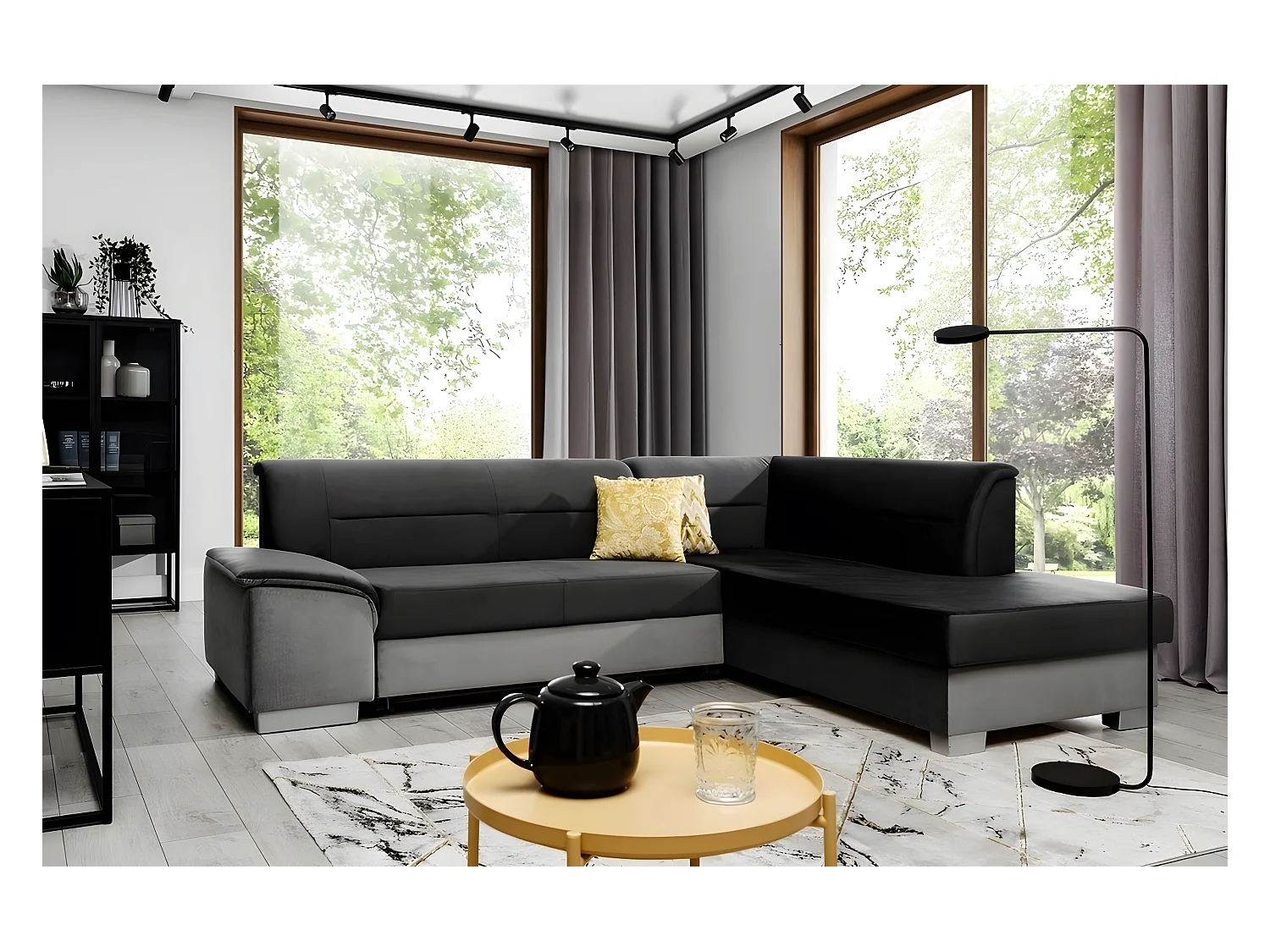 Canapé d'angle convertible en tissu luxe 5 places, avec coffre - noir et gris clair, angle droit (vu de face), VERTU VELOURS