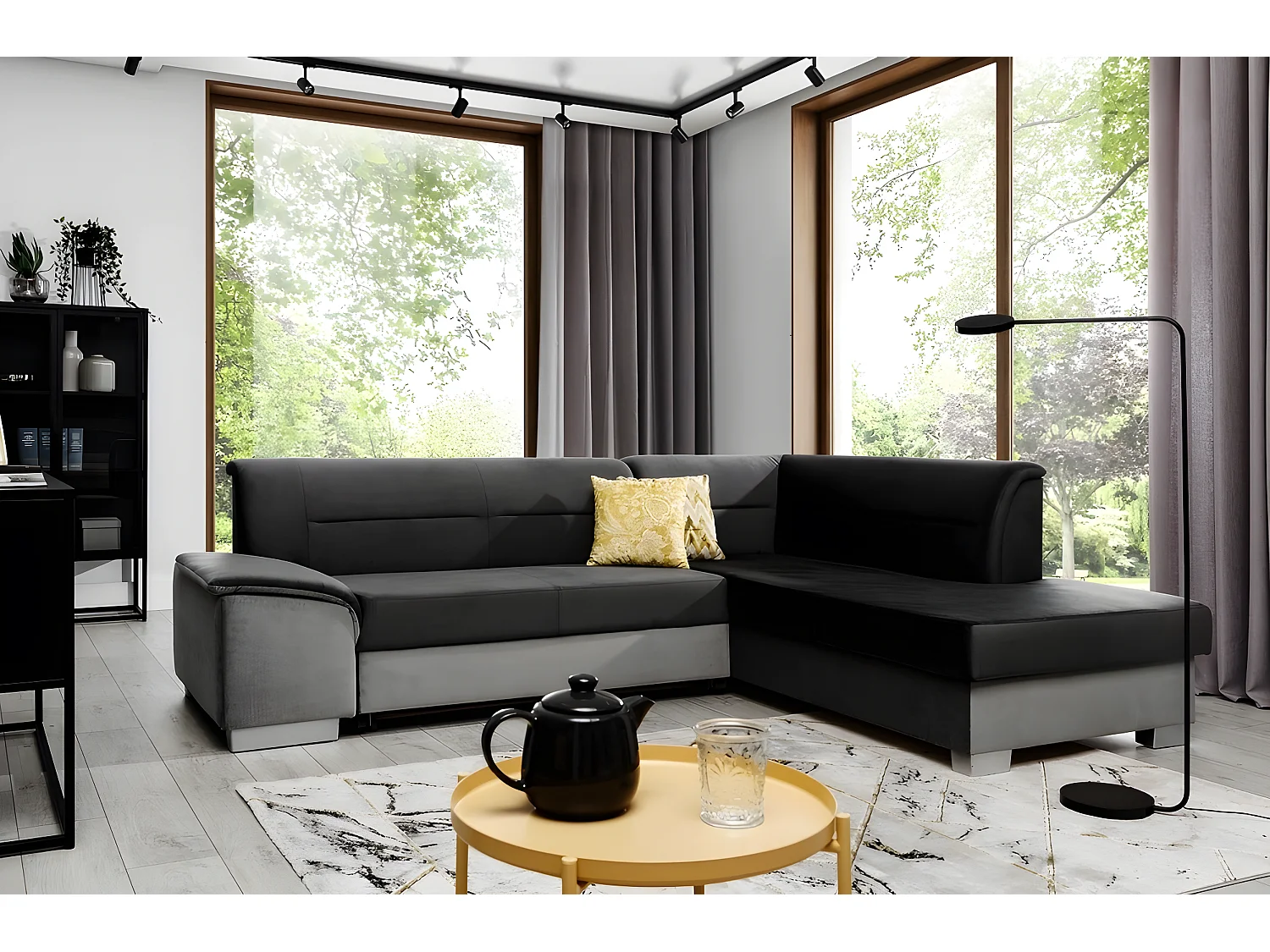 Canapé d'angle convertible en tissu luxe 5 places, avec coffre - noir et gris clair, angle droit (vu de face), VERTU VELOURS