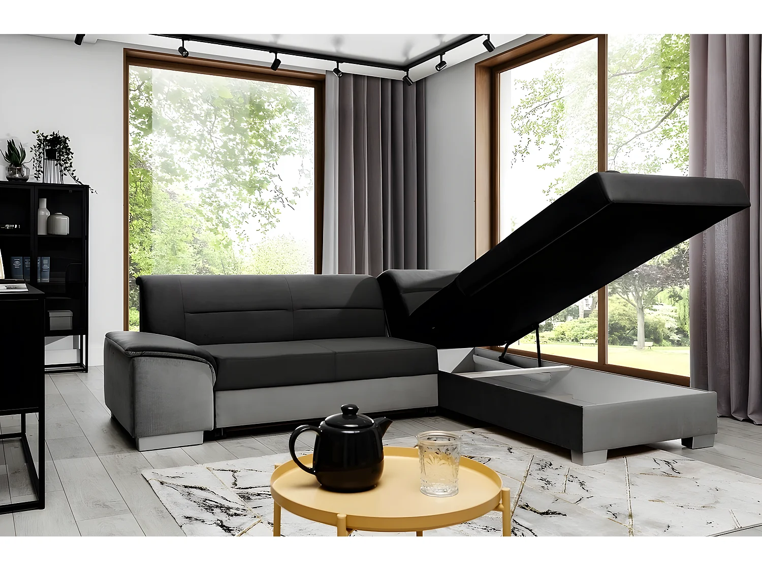Canapé d'angle convertible en tissu luxe 5 places, avec coffre - noir et gris clair, angle droit (vu de face), VERTU VELOURS