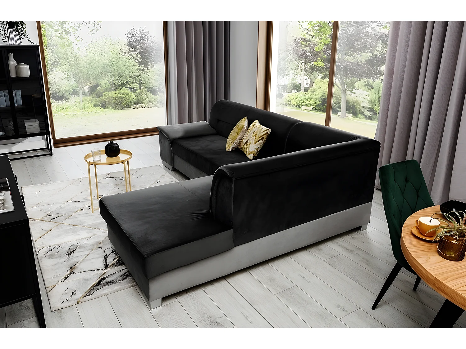 Canapé d'angle convertible en tissu luxe 5 places, avec coffre - noir et gris clair, angle droit (vu de face), VERTU VELOURS