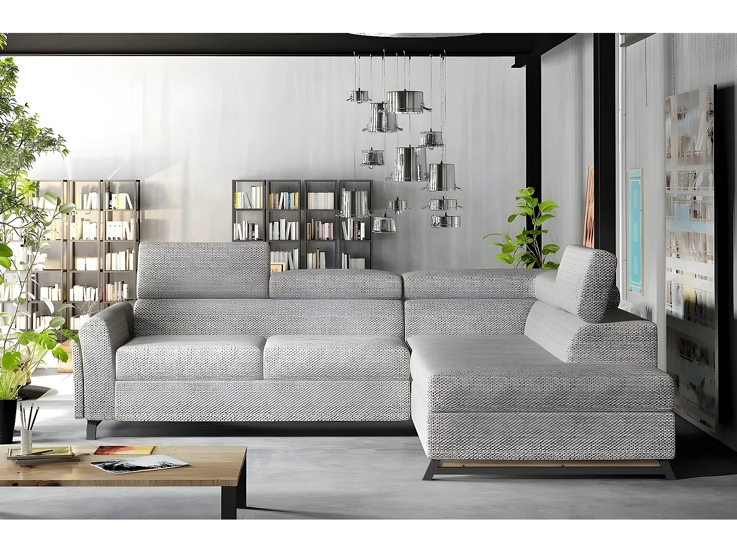 Canapé d'angle convertible - KARL - en tissu luxe 5 places, gris, angle droit (vu de face)