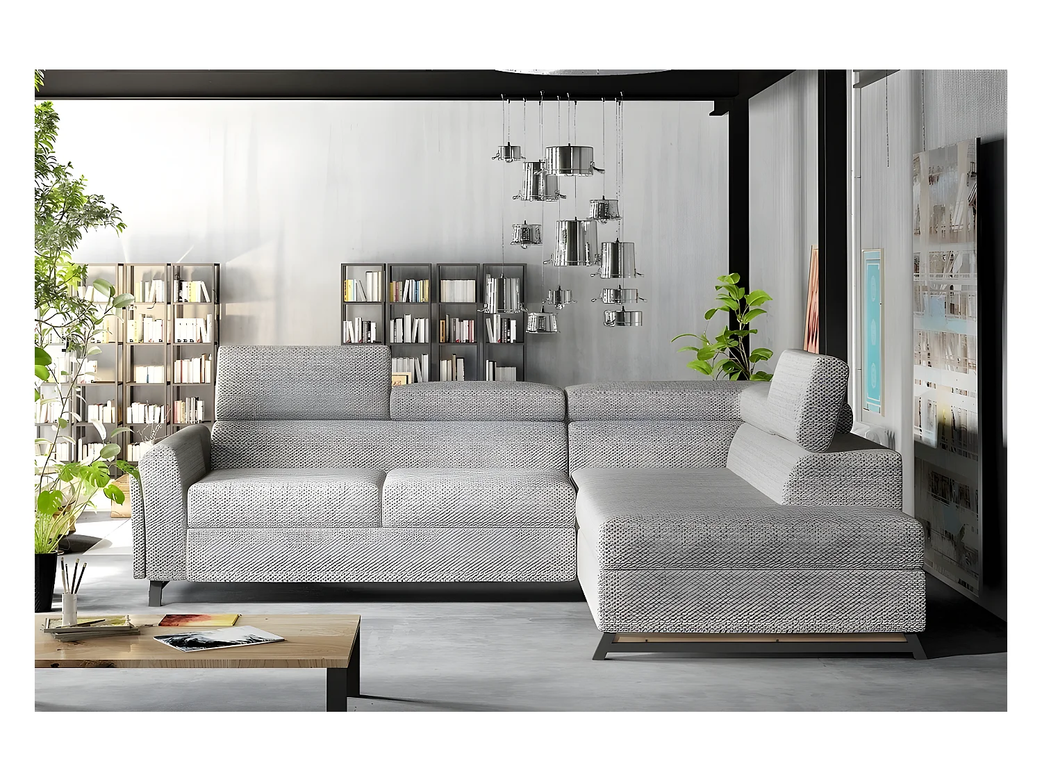 Canapé d'angle convertible - KARL - en tissu luxe 5 places, gris, angle droit (vu de face)