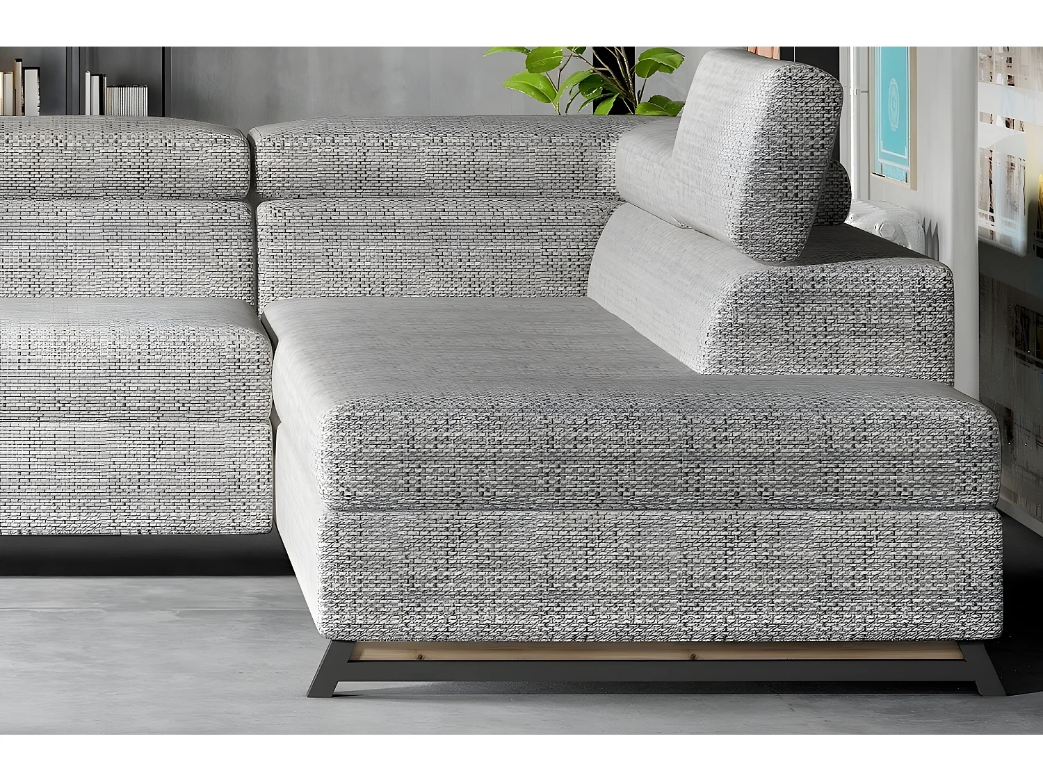 Canapé d'angle convertible - KARL - en tissu luxe 5 places, gris, angle droit (vu de face)