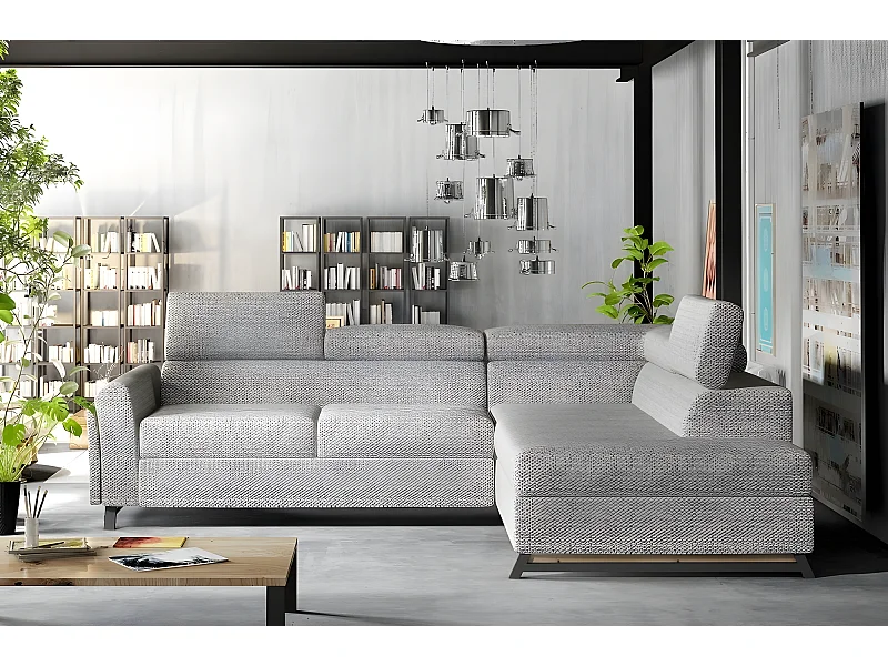 Canapé d'angle convertible - KARL - en tissu luxe 5 places, gris, angle droit (vu de face)