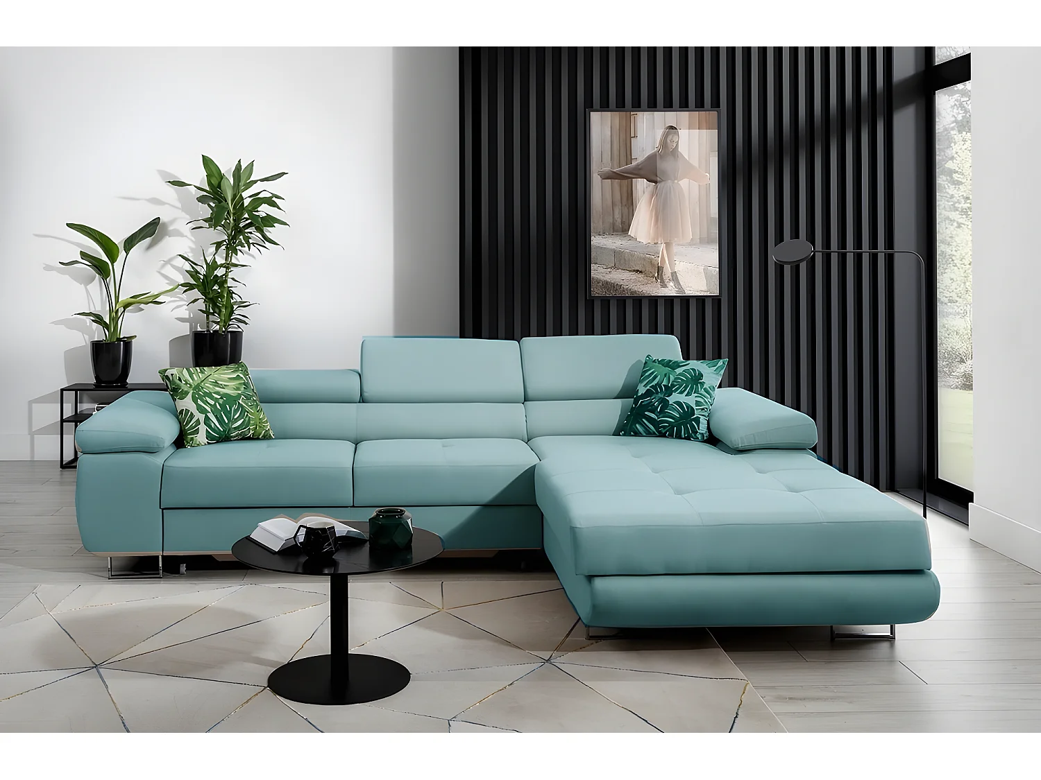 Canapé d'angle convertible ARMEL en tissu luxe 5 places, turquoise, avec coffre, angle droit (vu de face)