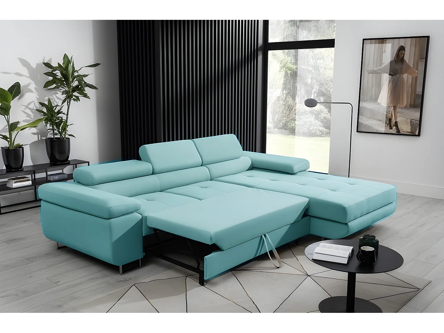 Canapé d'angle convertible ARMEL en tissu luxe 5 places, turquoise, avec coffre, angle droit (vu de face)