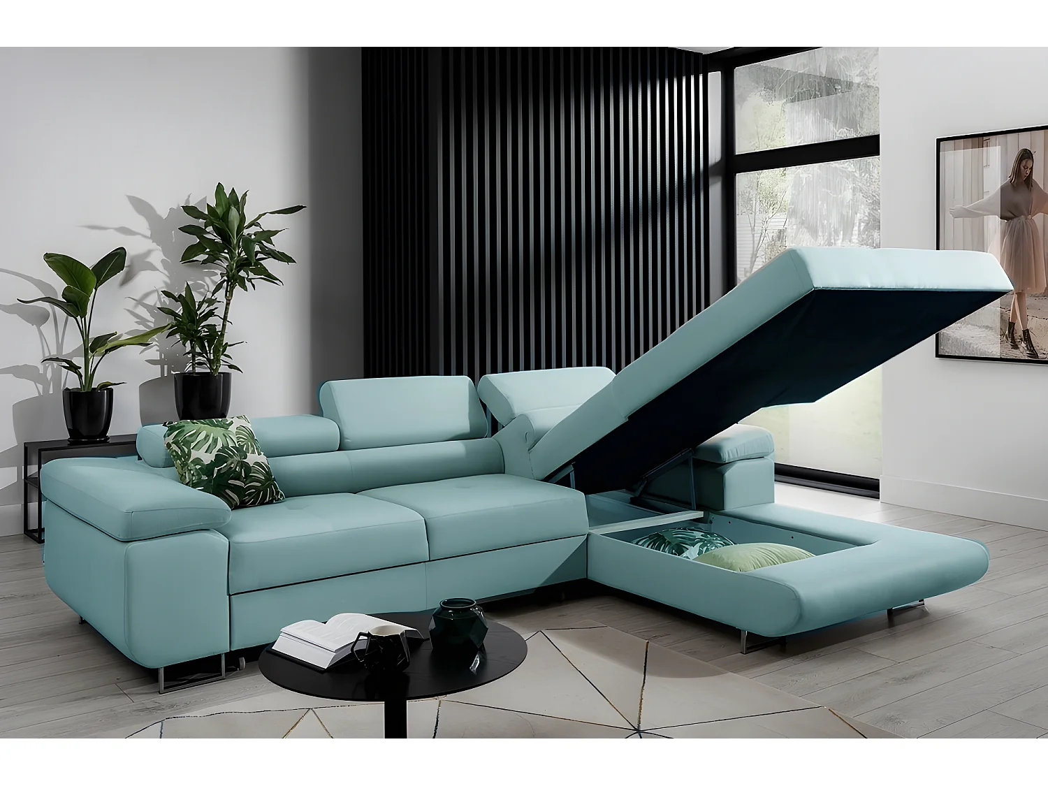Canapé d'angle convertible ARMEL en tissu luxe 5 places, turquoise, avec coffre, angle droit (vu de face)
