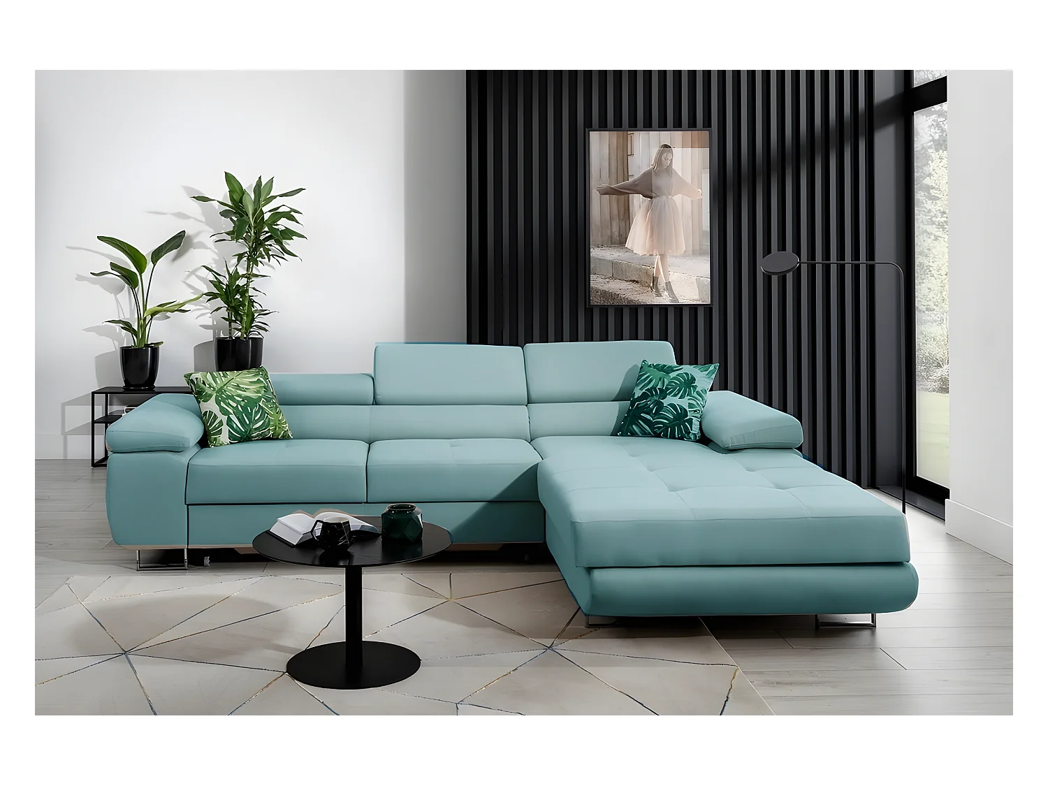 Canapé d'angle convertible ARMEL en tissu luxe 5 places, turquoise, avec coffre, angle droit (vu de face)