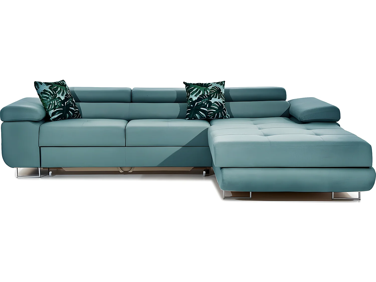 Canapé d'angle convertible ARMEL en tissu luxe 5 places, turquoise, avec coffre, angle droit (vu de face)