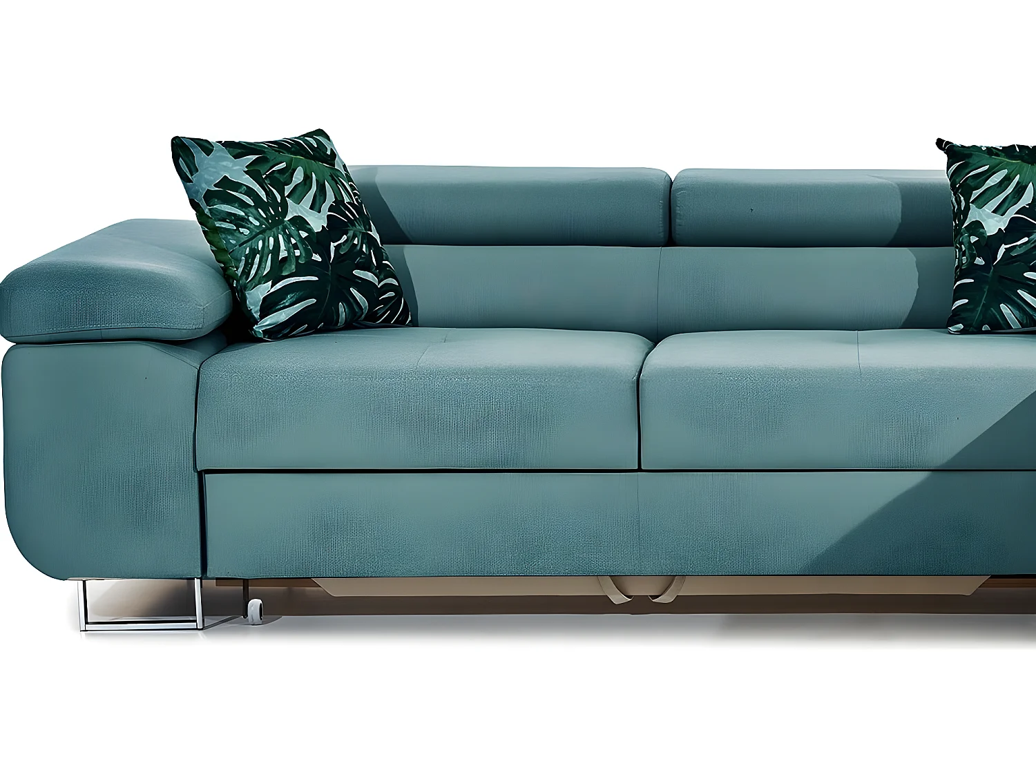 Canapé d'angle convertible ARMEL en tissu luxe 5 places, turquoise, avec coffre, angle droit (vu de face)