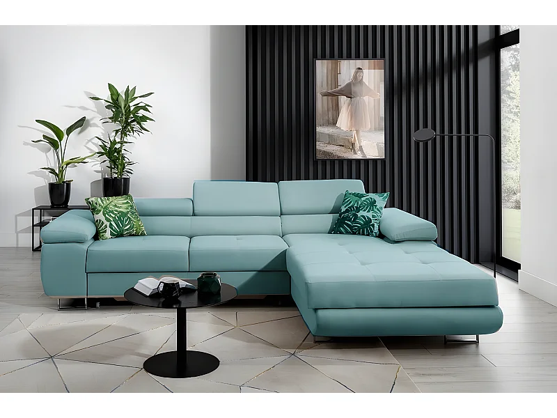 Canapé d'angle convertible ARMEL en tissu luxe 5 places, turquoise, avec coffre, angle droit (vu de face)