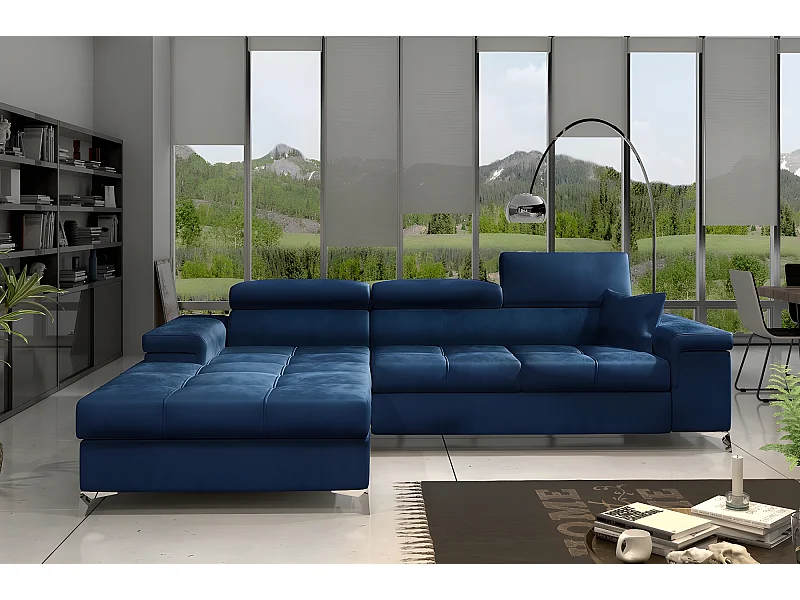 Canapé d'angle convertible en tissu velours luxe 5 places, RICHARD, bleu, angle gauche