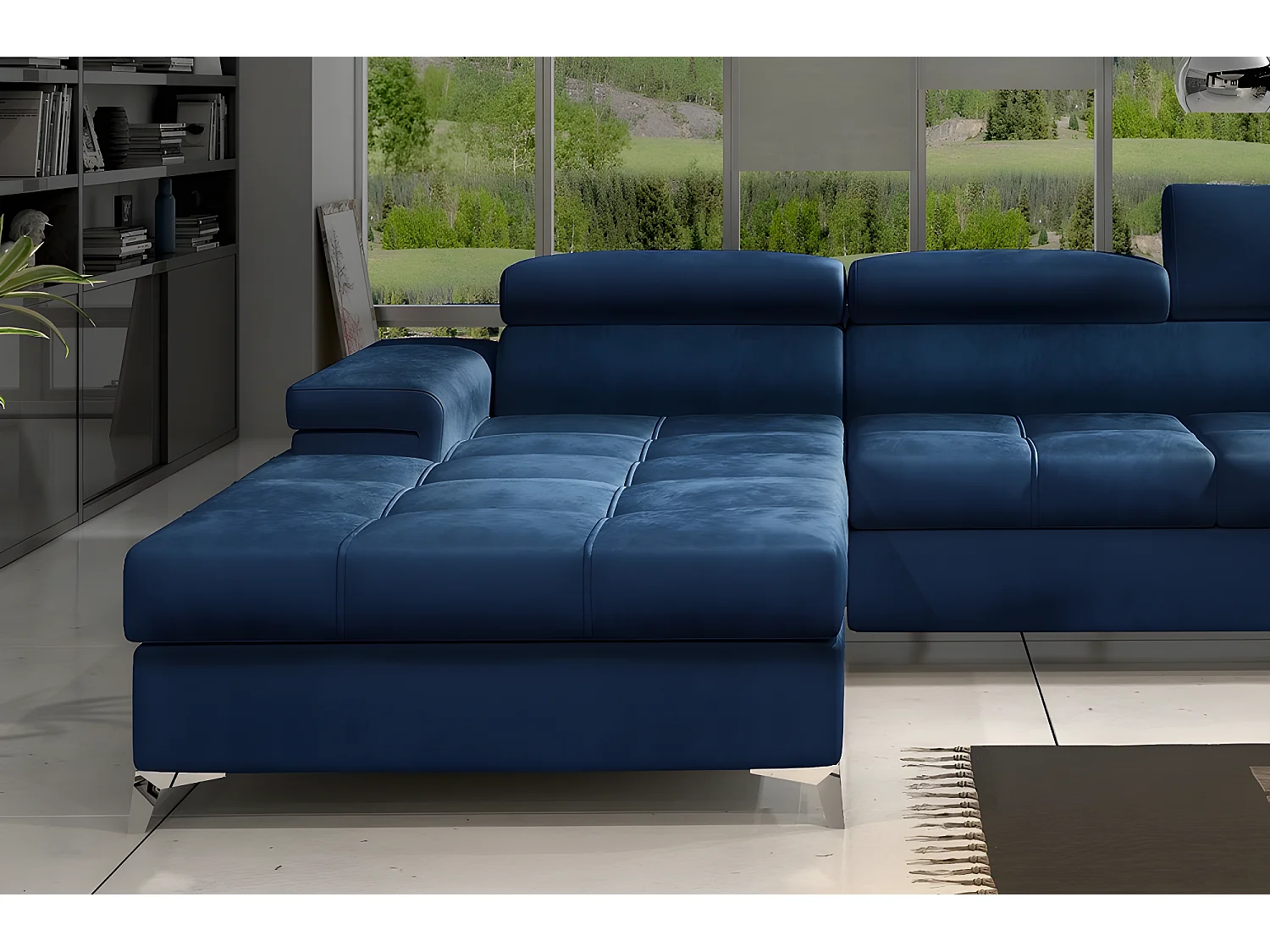 Canapé d'angle convertible en tissu velours luxe 5 places, RICHARD, bleu, angle gauche