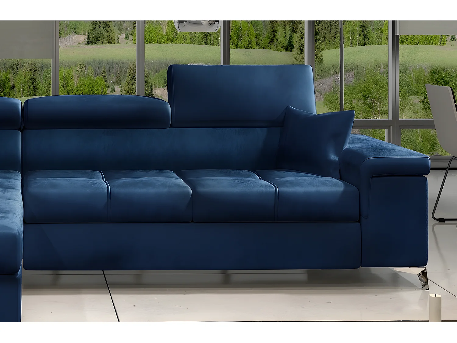 Canapé d'angle convertible en tissu velours luxe 5 places, RICHARD, bleu, angle gauche